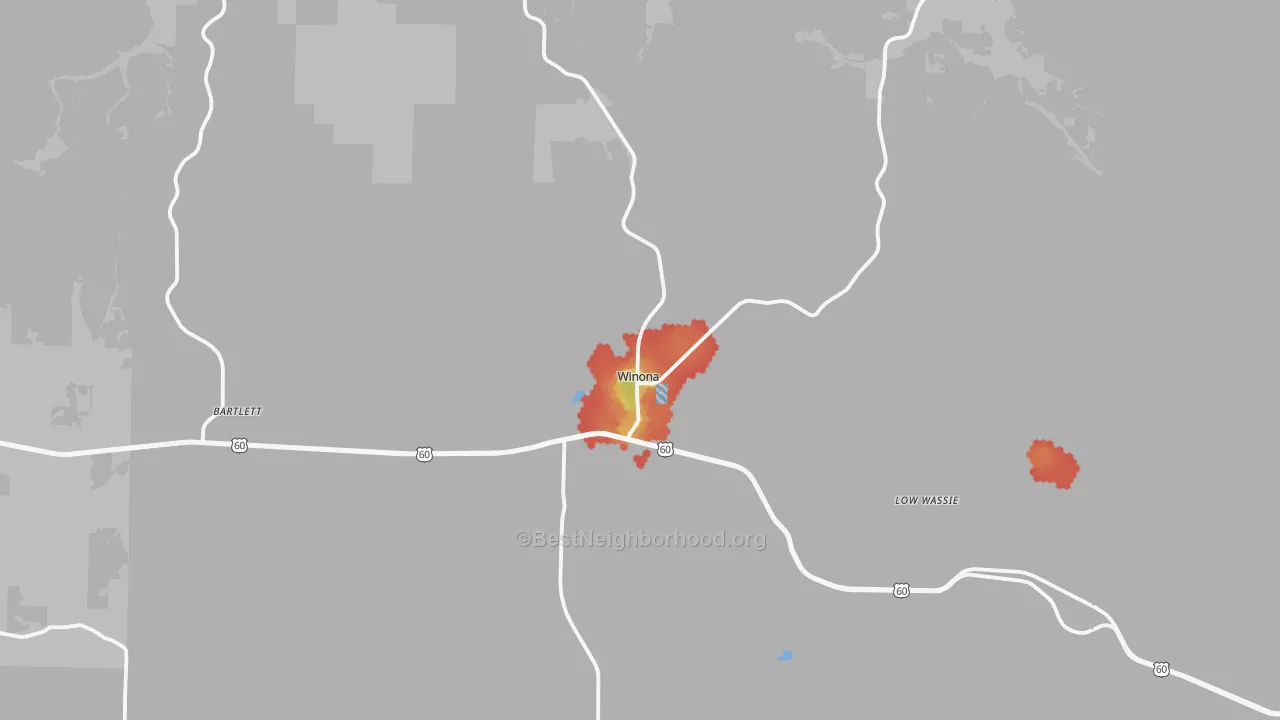 Walk Grade map of 65588, MO, walkable areas in green and car-dependent areas in red