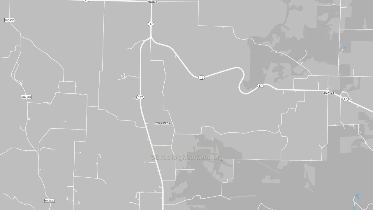 Walk Grade map of 65589, MO, walkable areas in green and car-dependent areas in red