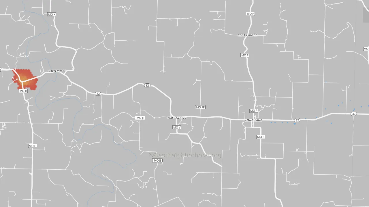 Walk Grade map of 65590, MO, walkable areas in green and car-dependent areas in red