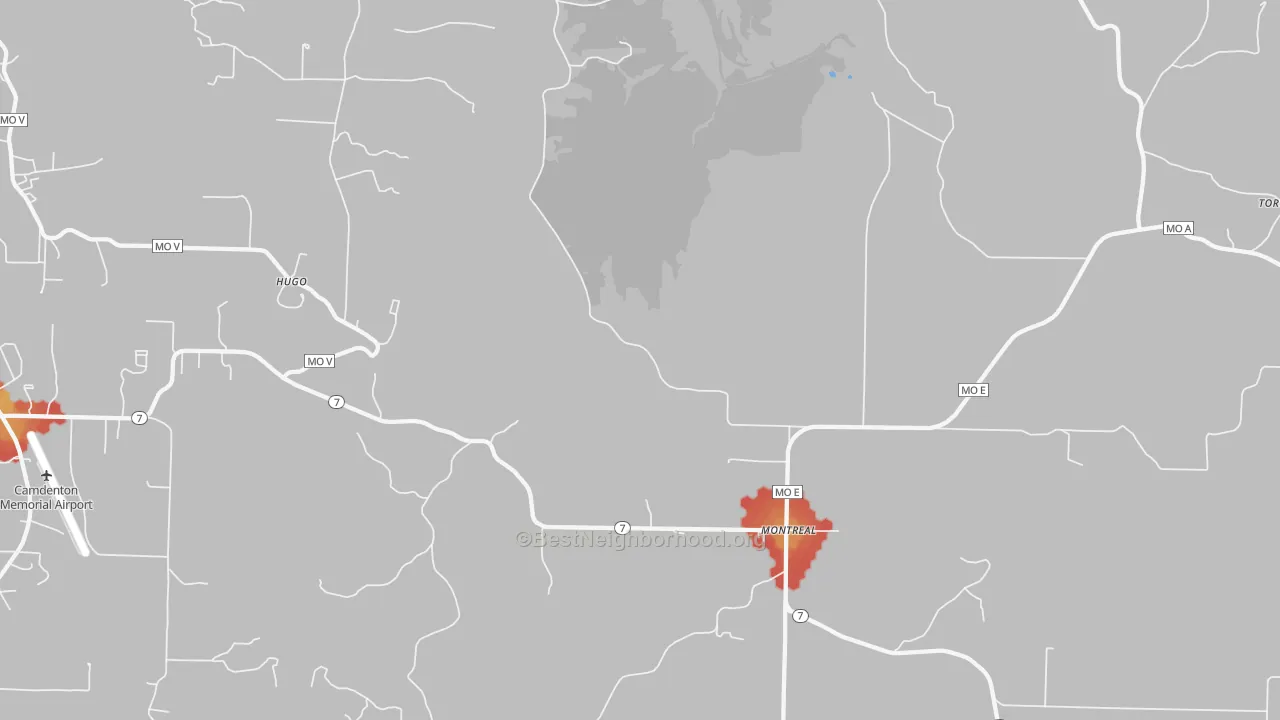 Walk Grade map of 65591, MO, walkable areas in green and car-dependent areas in red
