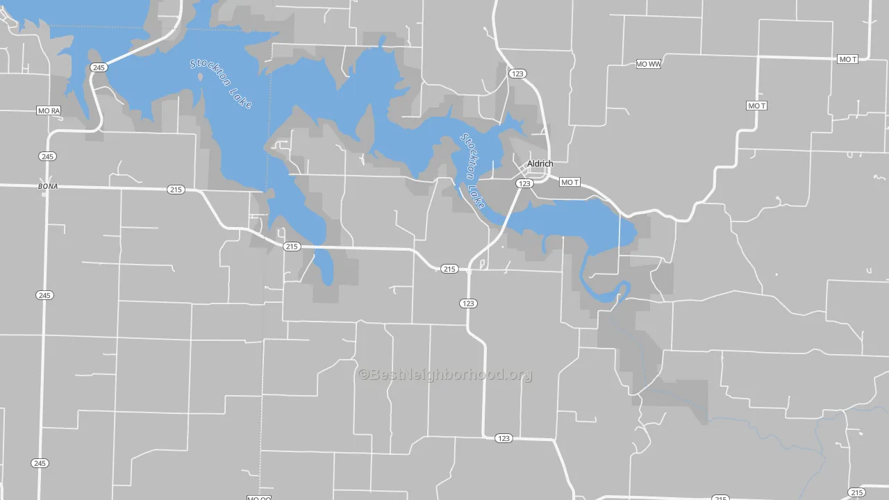 Walk Grade map of 65601, MO, walkable areas in green and car-dependent areas in red