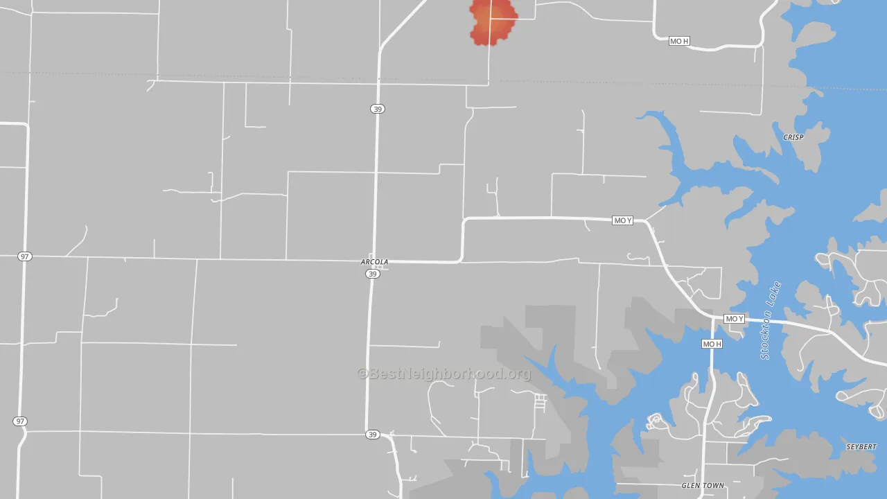 Walk Grade map of 65603, MO, walkable areas in green and car-dependent areas in red