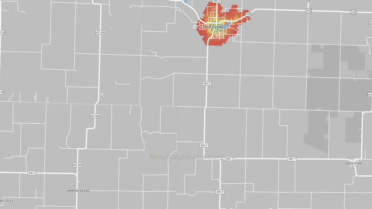Walk Grade map of 65604, MO, walkable areas in green and car-dependent areas in red