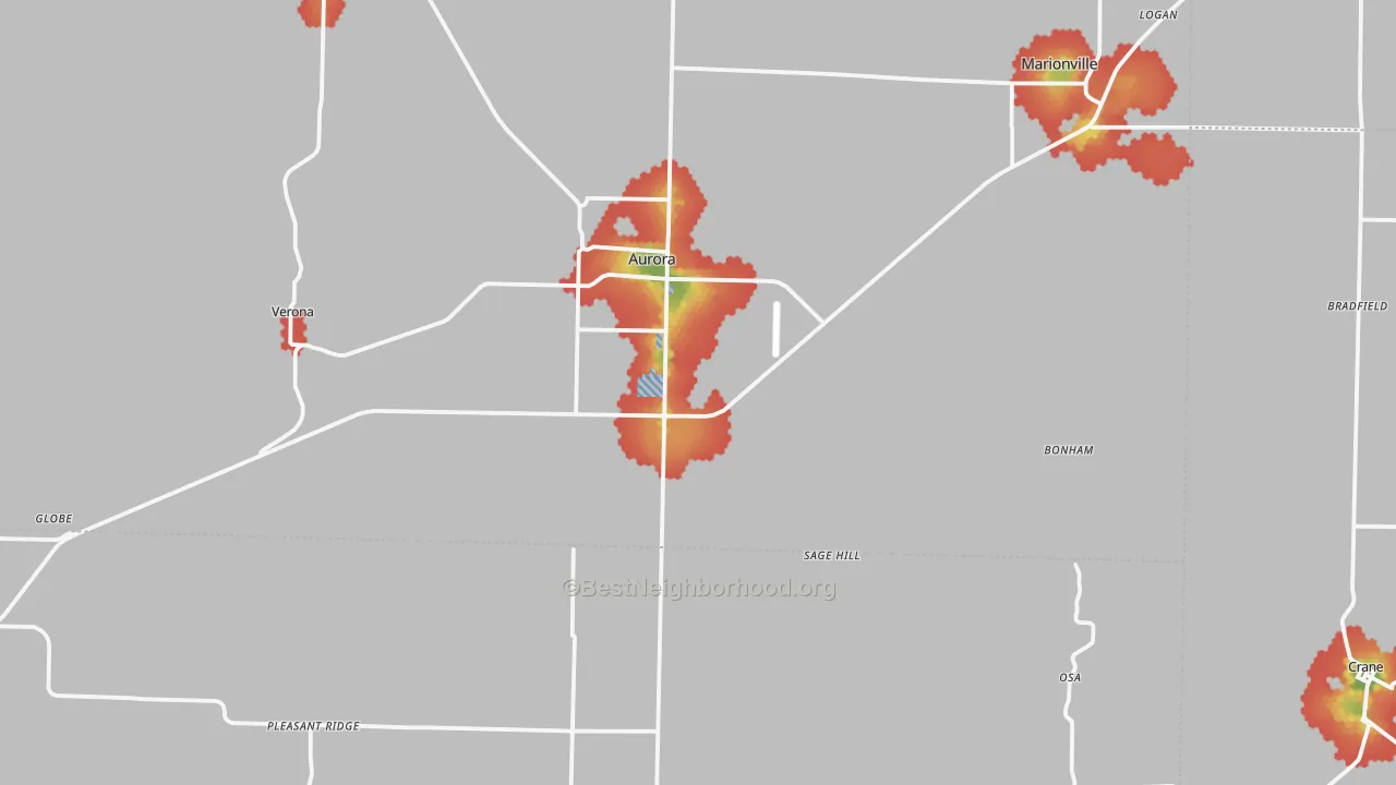 Walk Grade map of 65605, MO, walkable areas in green and car-dependent areas in red