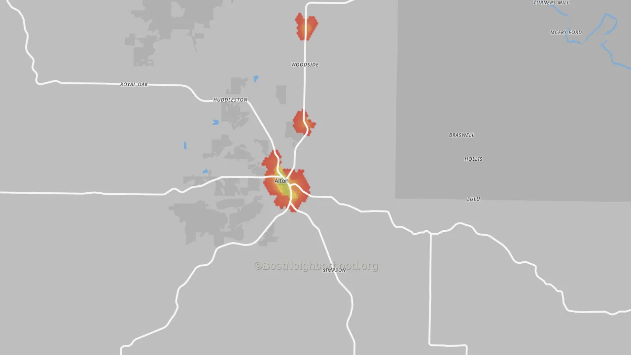 Walk Grade map of 65606, MO, walkable areas in green and car-dependent areas in red