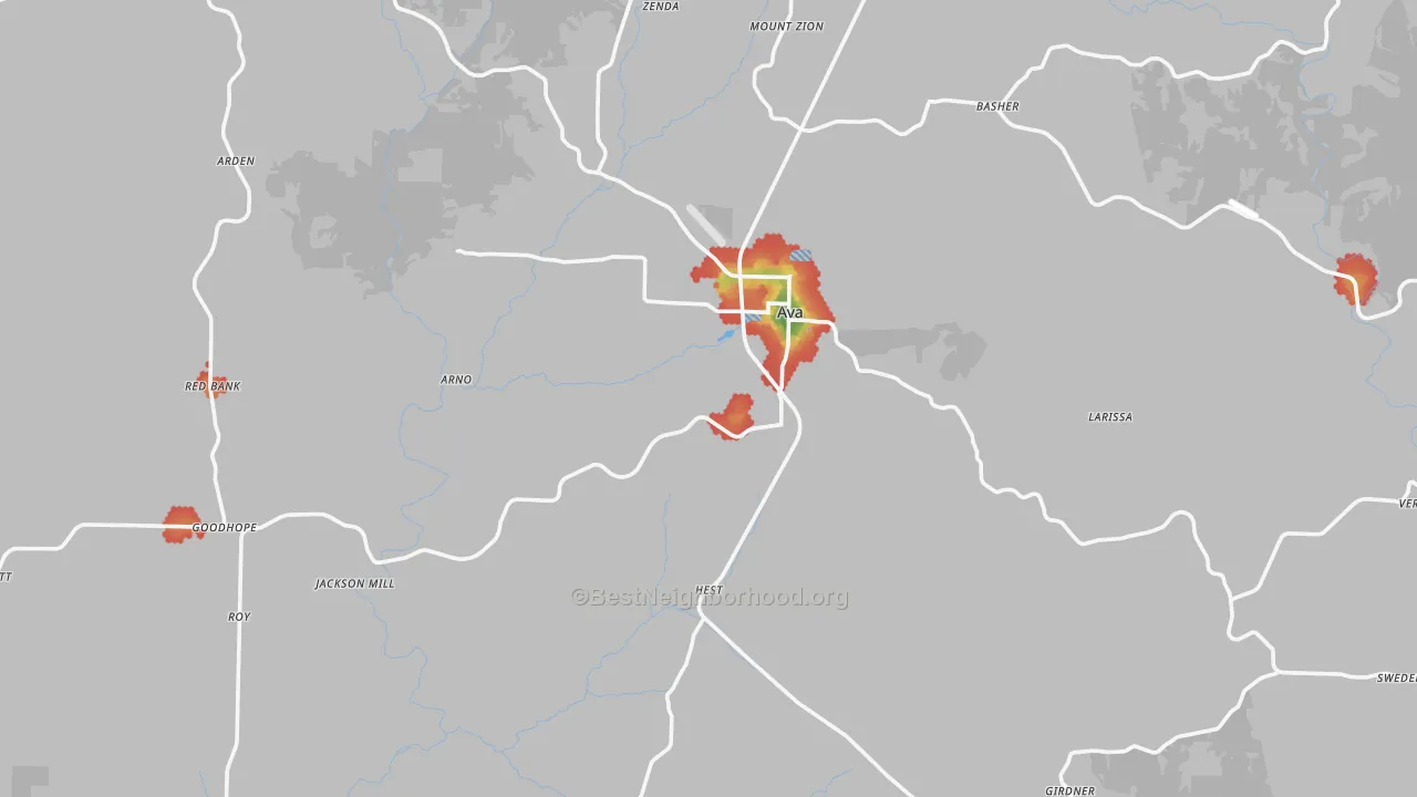 Walk Grade map of 65608, MO, walkable areas in green and car-dependent areas in red