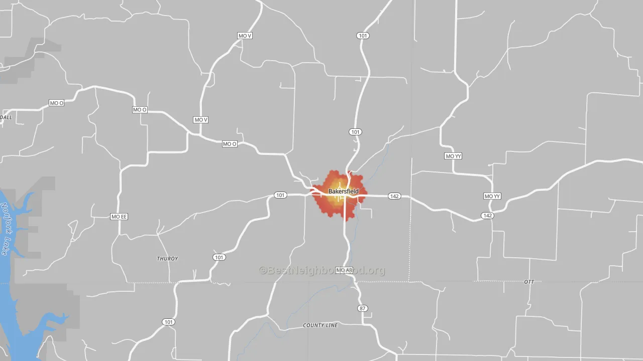 Walk Grade map of 65609, MO, walkable areas in green and car-dependent areas in red