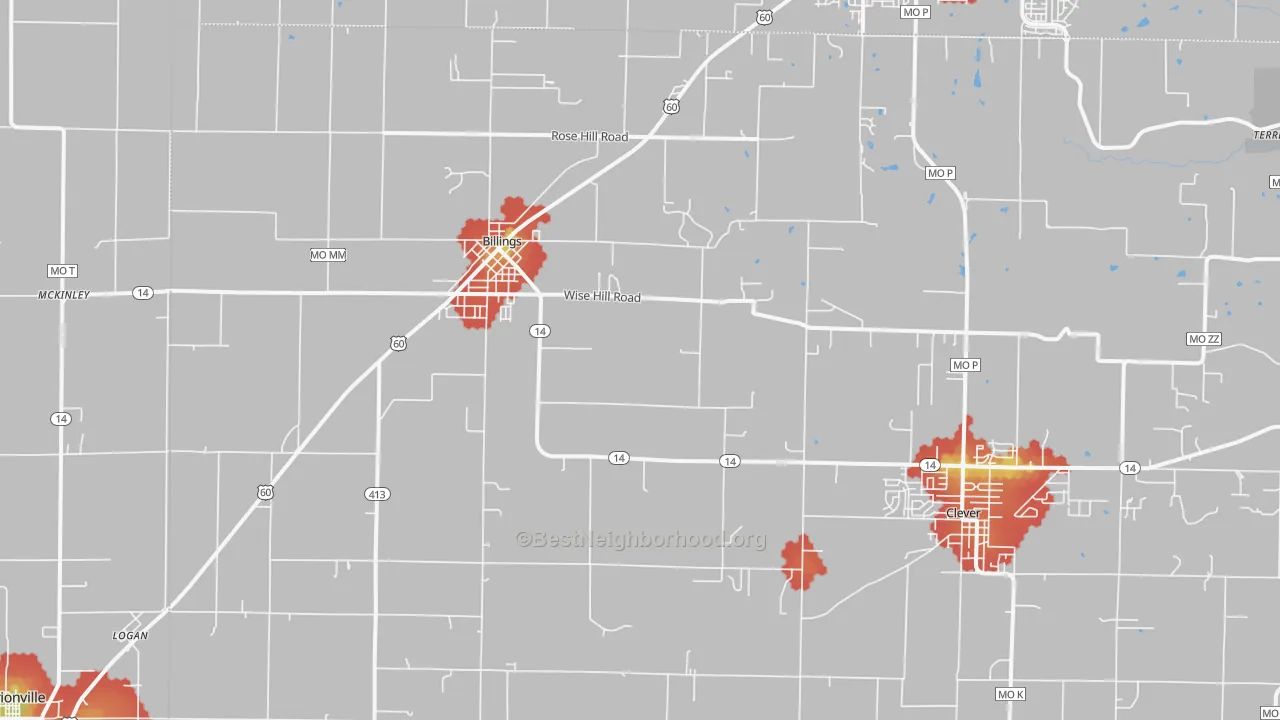 Walk Grade map of 65610, MO, walkable areas in green and car-dependent areas in red