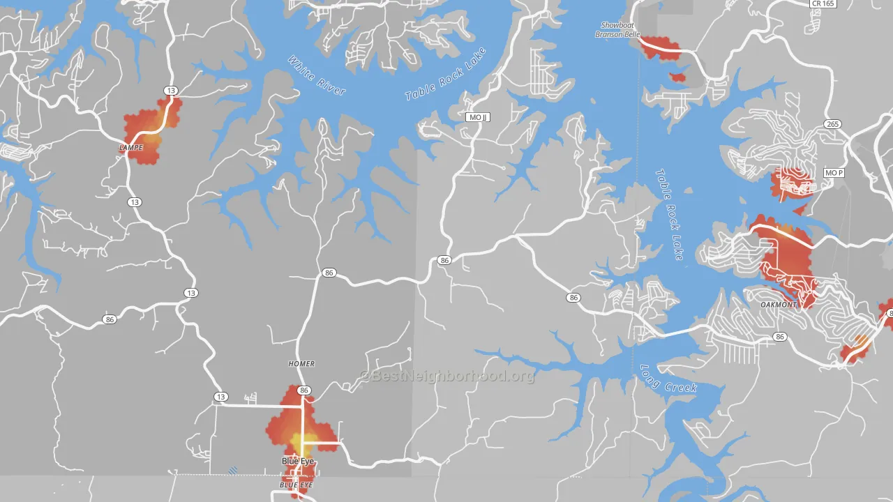 Walk Grade map of 65611, MO, walkable areas in green and car-dependent areas in red