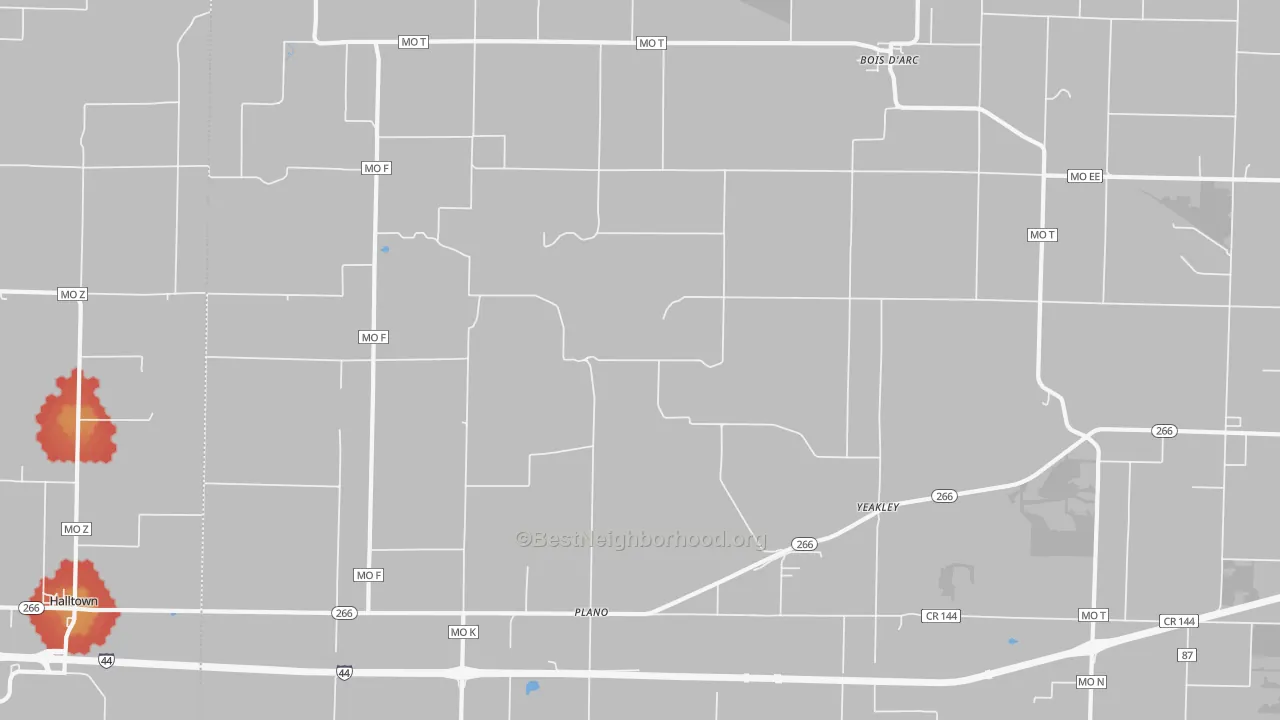 Walk Grade map of 65612, MO, walkable areas in green and car-dependent areas in red