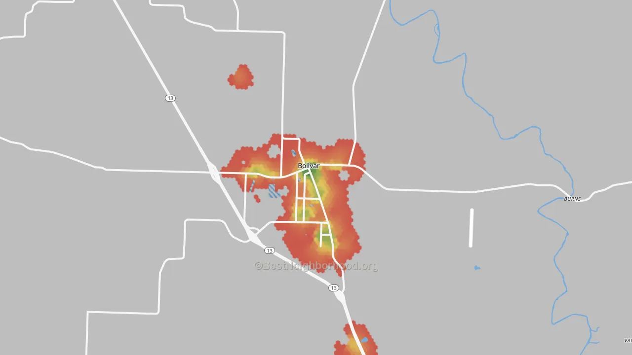 Walk Grade map of 65613, MO, walkable areas in green and car-dependent areas in red