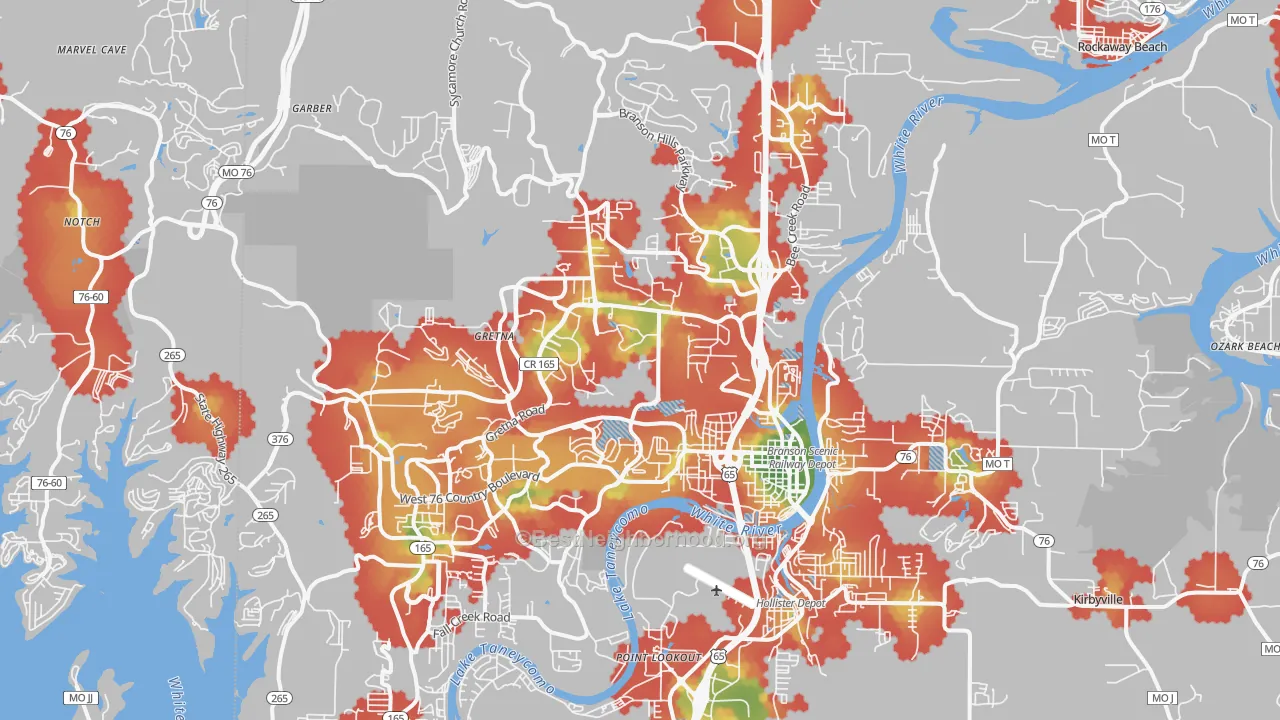 Walk Grade map of 65616, MO, walkable areas in green and car-dependent areas in red