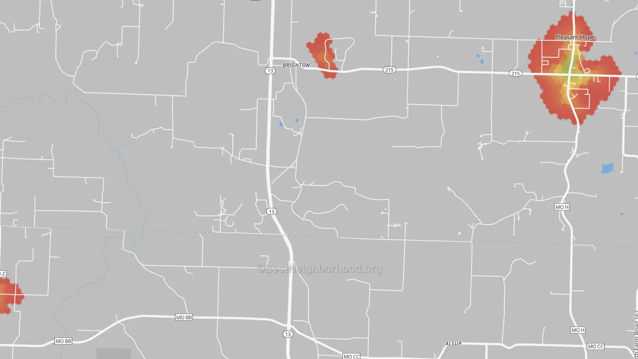 Walk Grade map of 65617, MO, walkable areas in green and car-dependent areas in red
