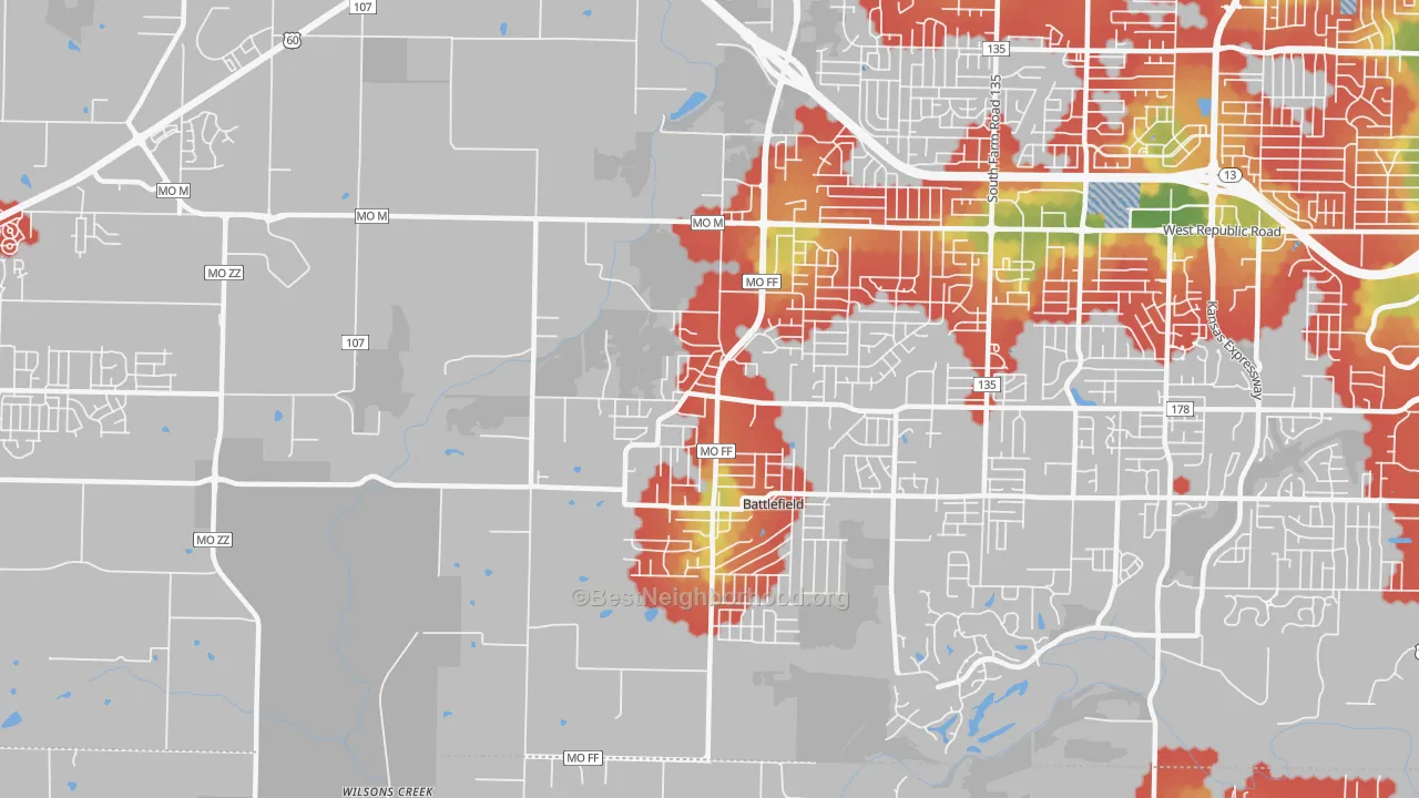 Walk Grade map of 65619, MO, walkable areas in green and car-dependent areas in red
