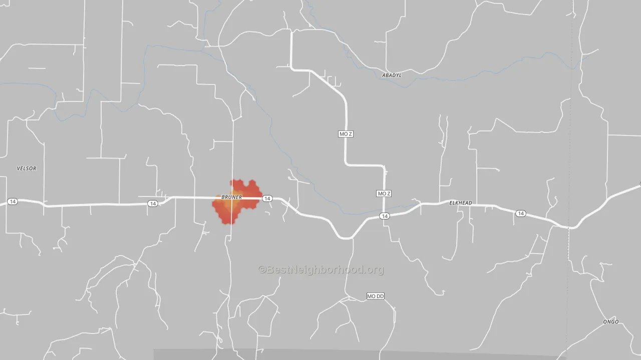 Walk Grade map of 65620, MO, walkable areas in green and car-dependent areas in red