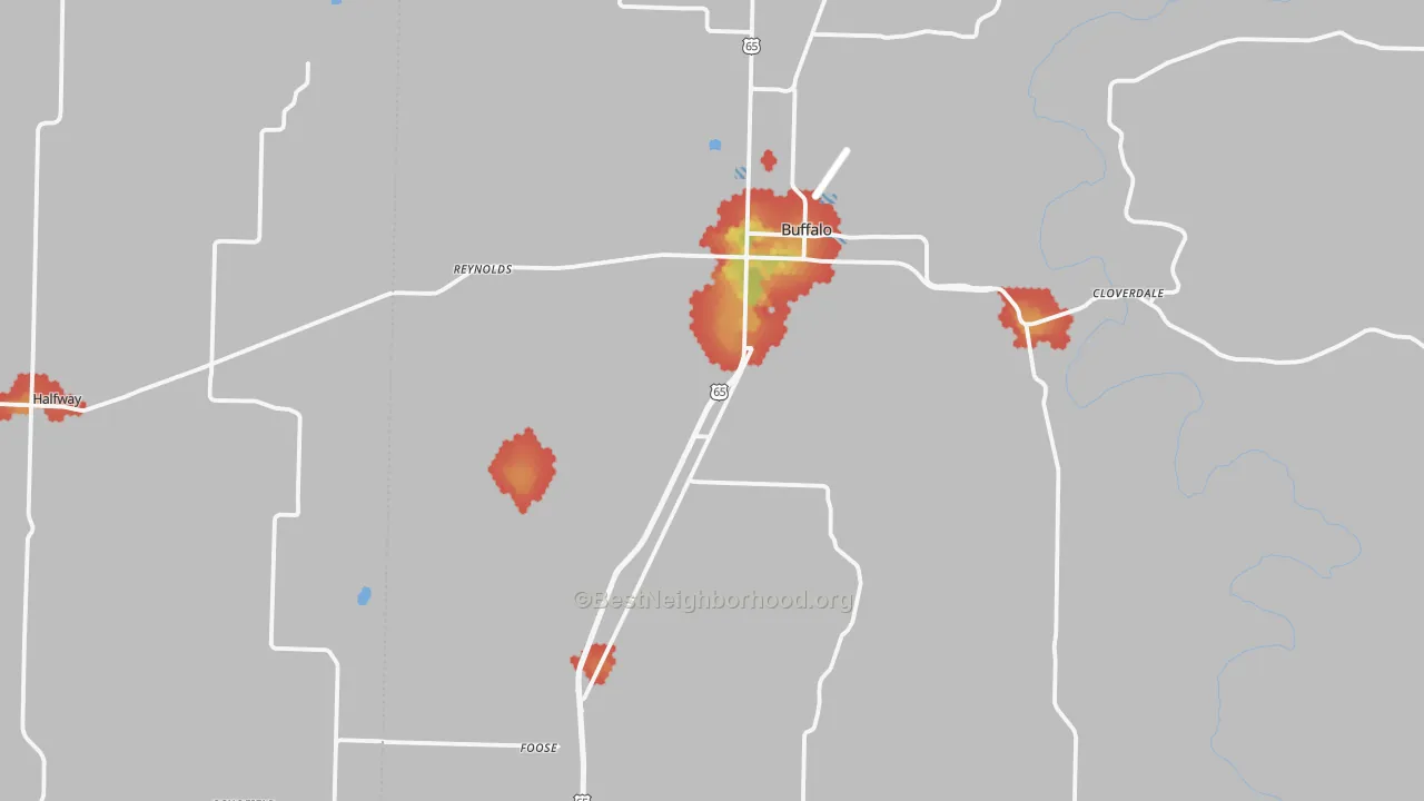 Walk Grade map of 65622, MO, walkable areas in green and car-dependent areas in red