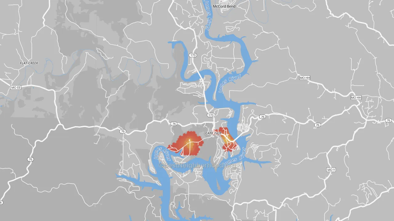 Walk Grade map of 65624, MO, walkable areas in green and car-dependent areas in red