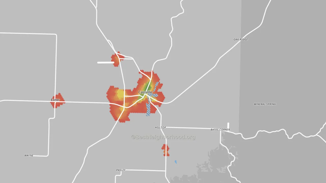 Walk Grade map of 65625, MO, walkable areas in green and car-dependent areas in red