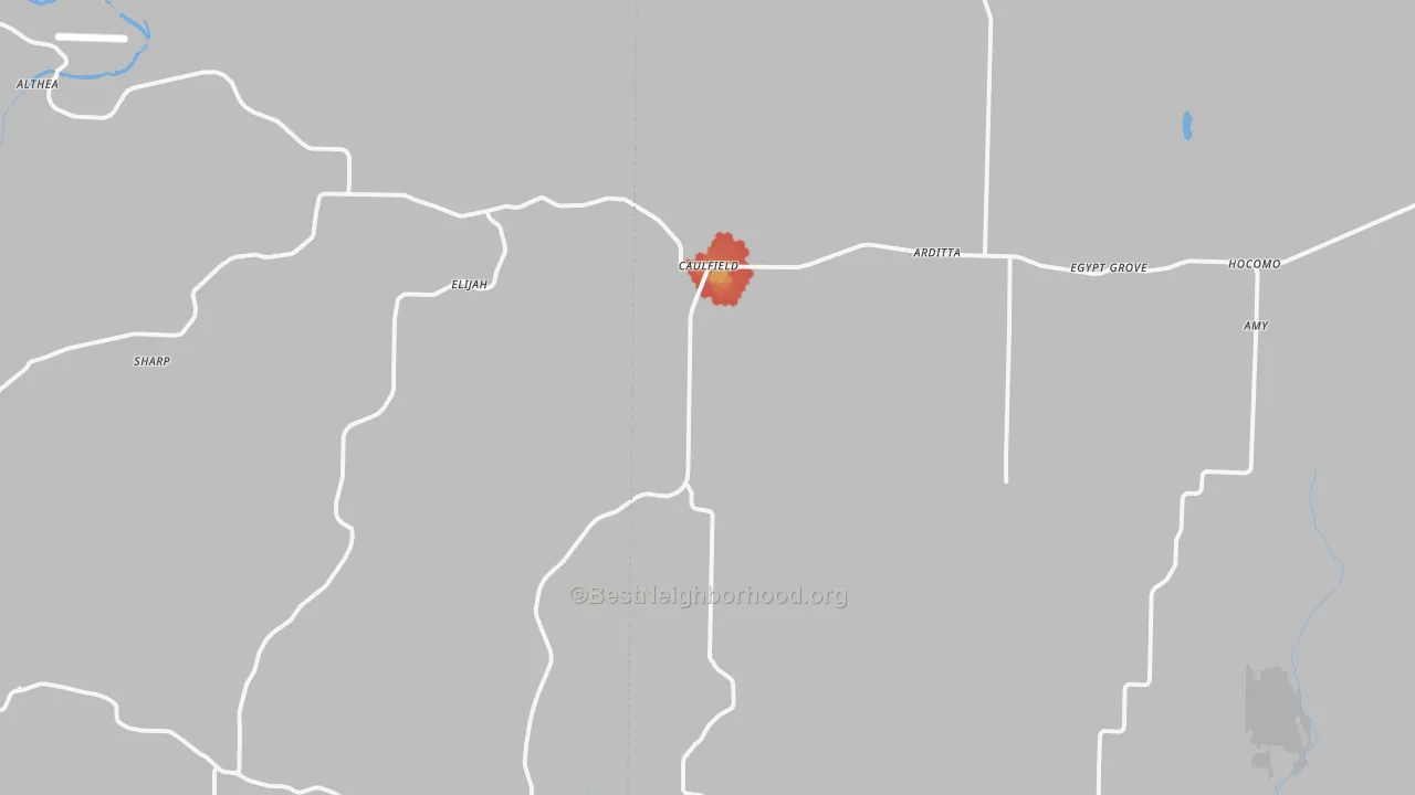 Walk Grade map of 65626, MO, walkable areas in green and car-dependent areas in red
