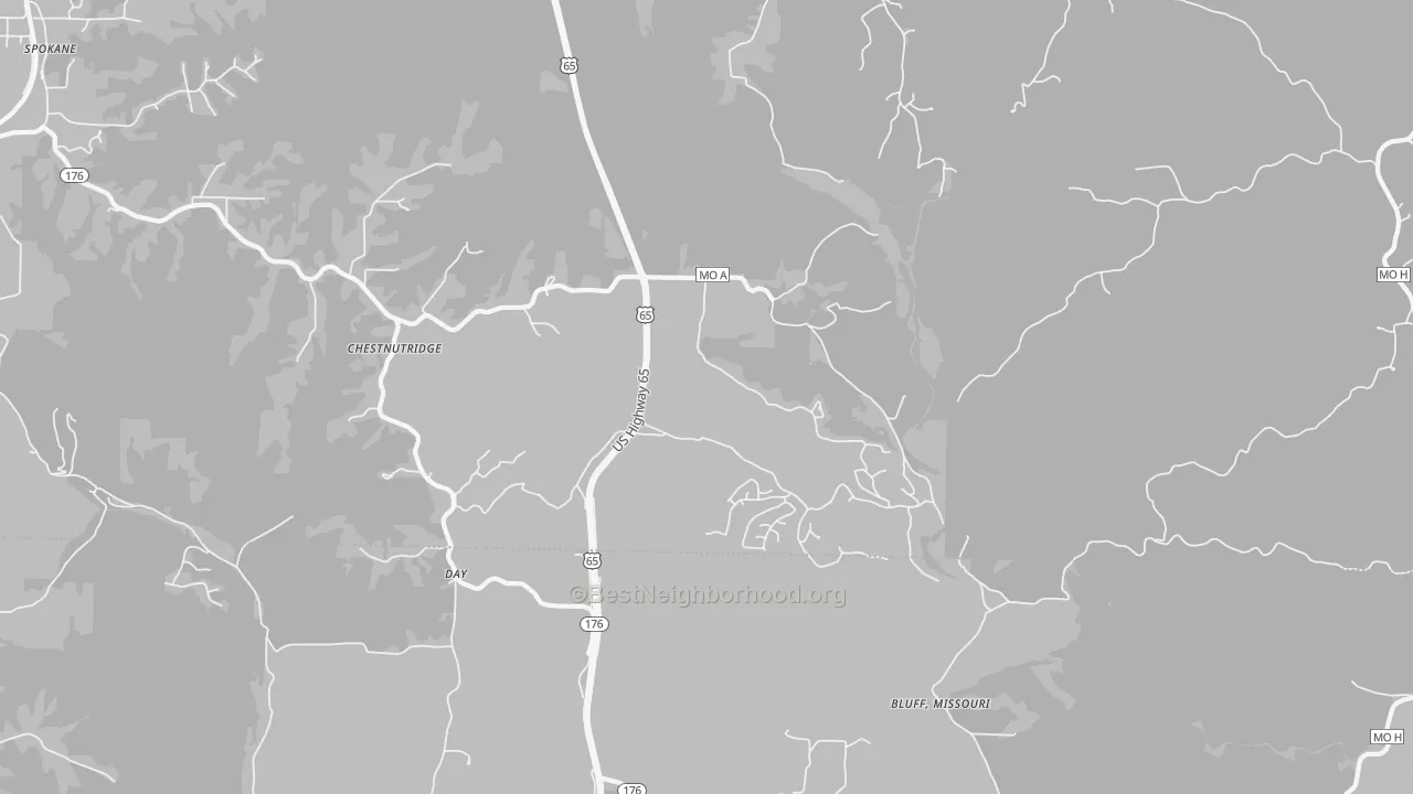 Walk Grade map of 65630, MO, walkable areas in green and car-dependent areas in red