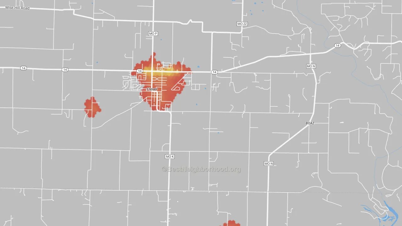 Walk Grade map of 65631, MO, walkable areas in green and car-dependent areas in red