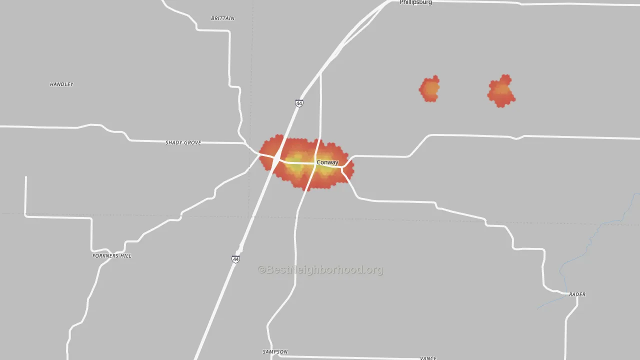 Walk Grade map of 65632, MO, walkable areas in green and car-dependent areas in red