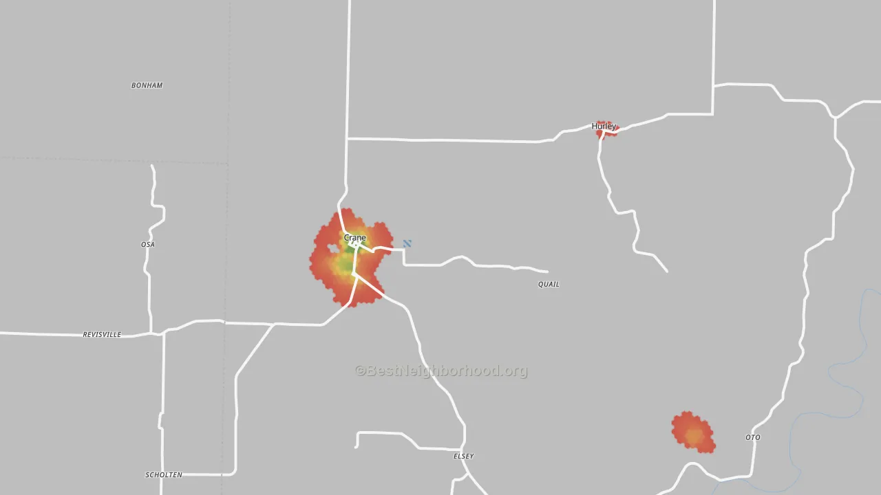 Walk Grade map of 65633, MO, walkable areas in green and car-dependent areas in red
