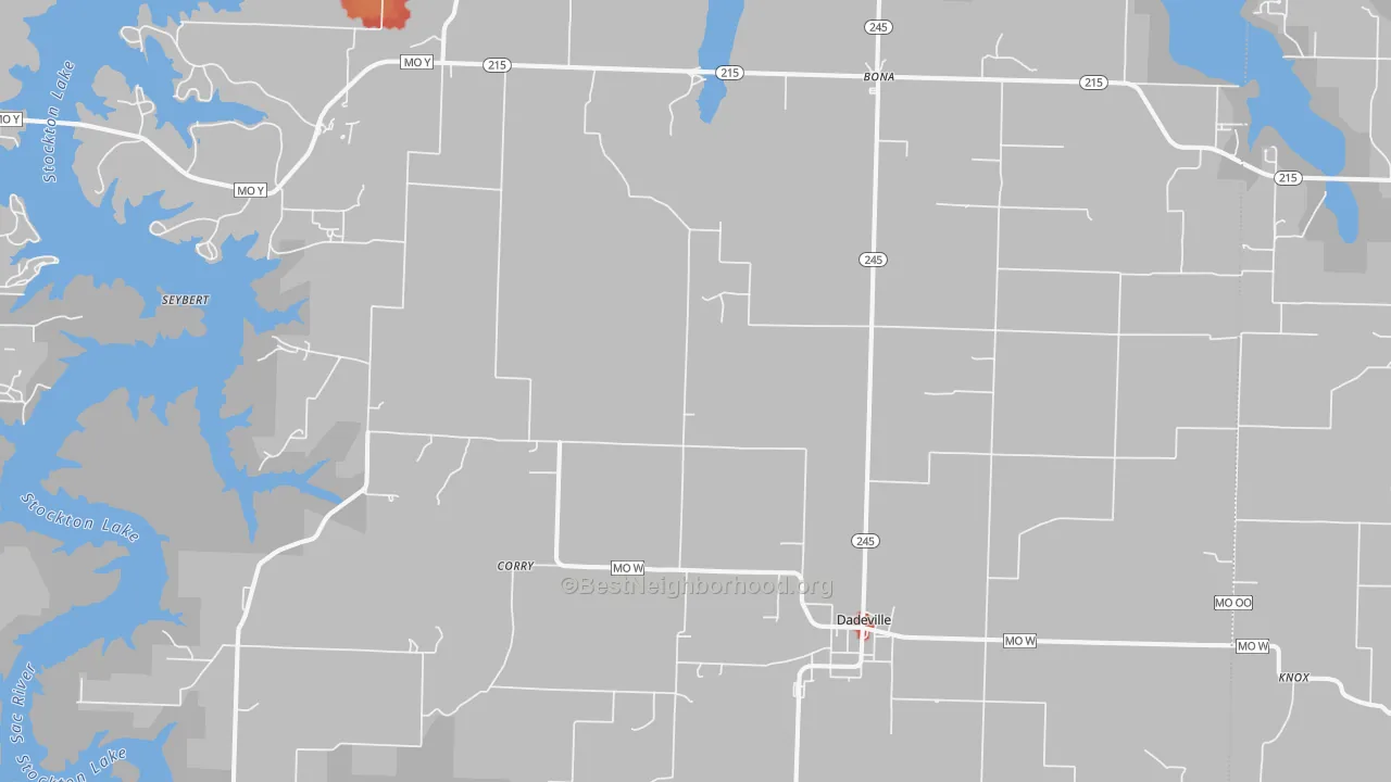 Walk Grade map of 65635, MO, walkable areas in green and car-dependent areas in red