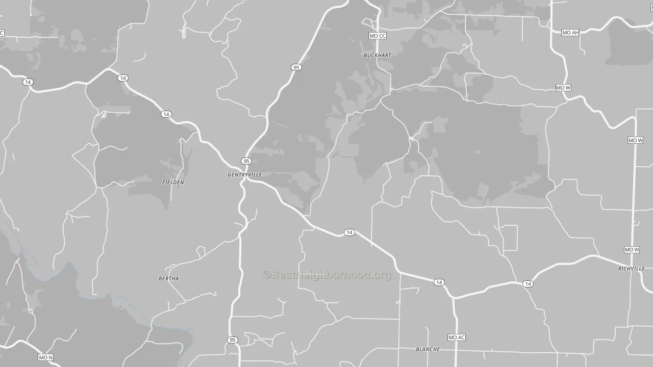 Walk Grade map of 65638, MO, walkable areas in green and car-dependent areas in red