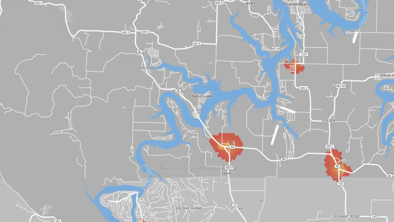 Walk Grade map of 65641, MO, walkable areas in green and car-dependent areas in red