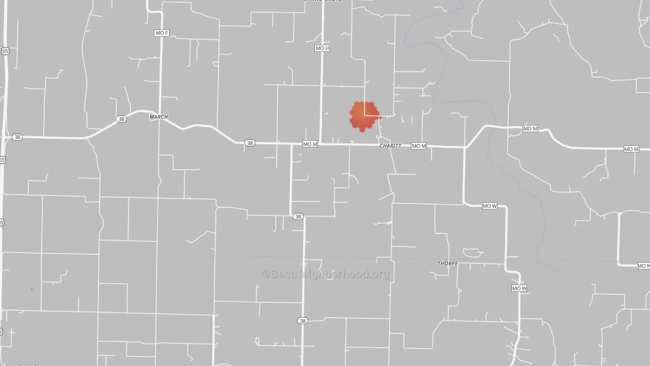 Walk Grade map of 65644, MO, walkable areas in green and car-dependent areas in red