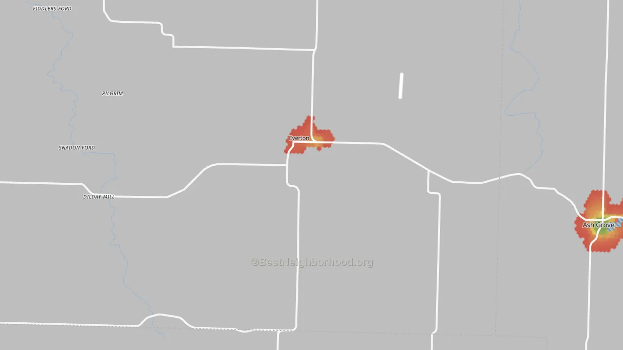 Walk Grade map of 65646, MO, walkable areas in green and car-dependent areas in red