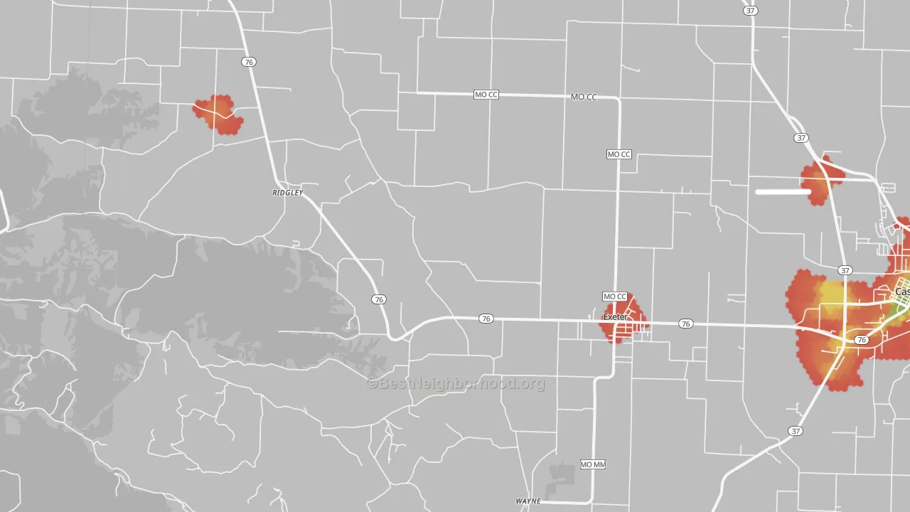 Walk Grade map of 65647, MO, walkable areas in green and car-dependent areas in red