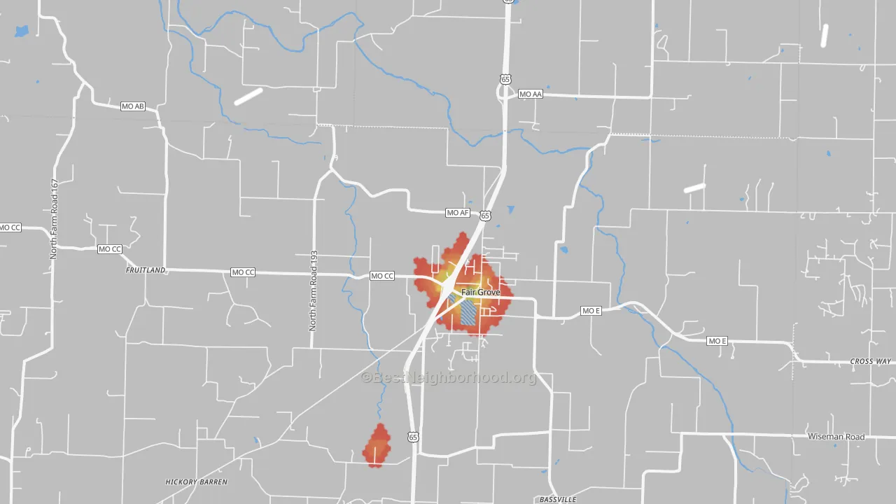 Walk Grade map of 65648, MO, walkable areas in green and car-dependent areas in red