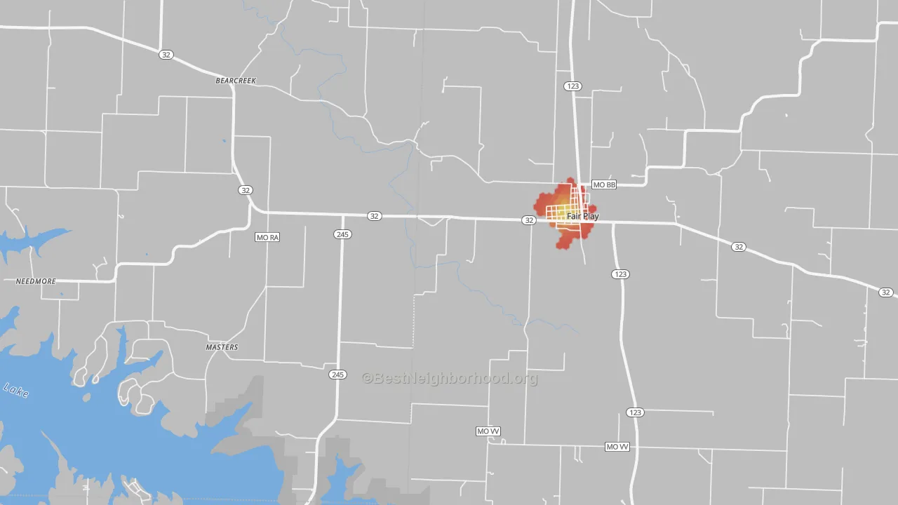 Walk Grade map of 65649, MO, walkable areas in green and car-dependent areas in red