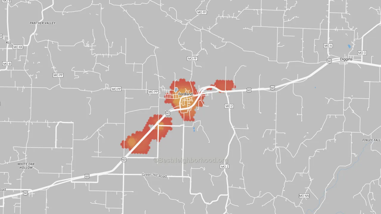 Walk Grade map of 65652, MO, walkable areas in green and car-dependent areas in red