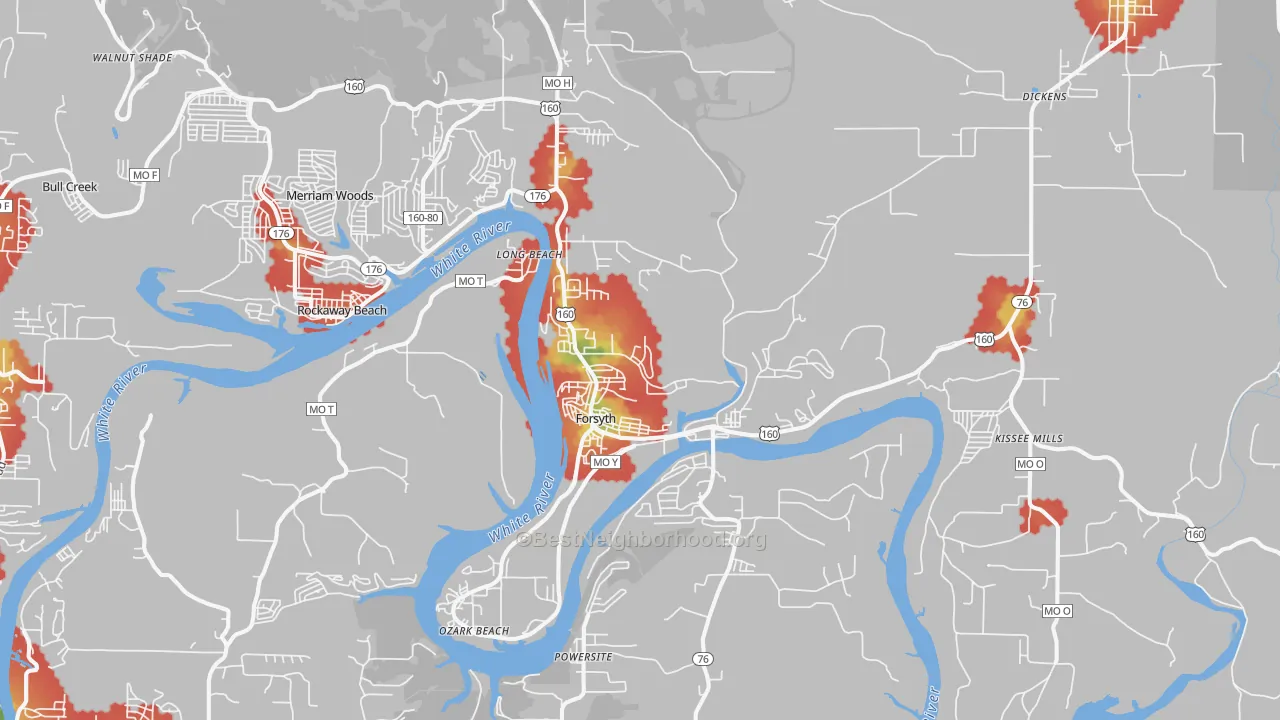 Walk Grade map of 65653, MO, walkable areas in green and car-dependent areas in red