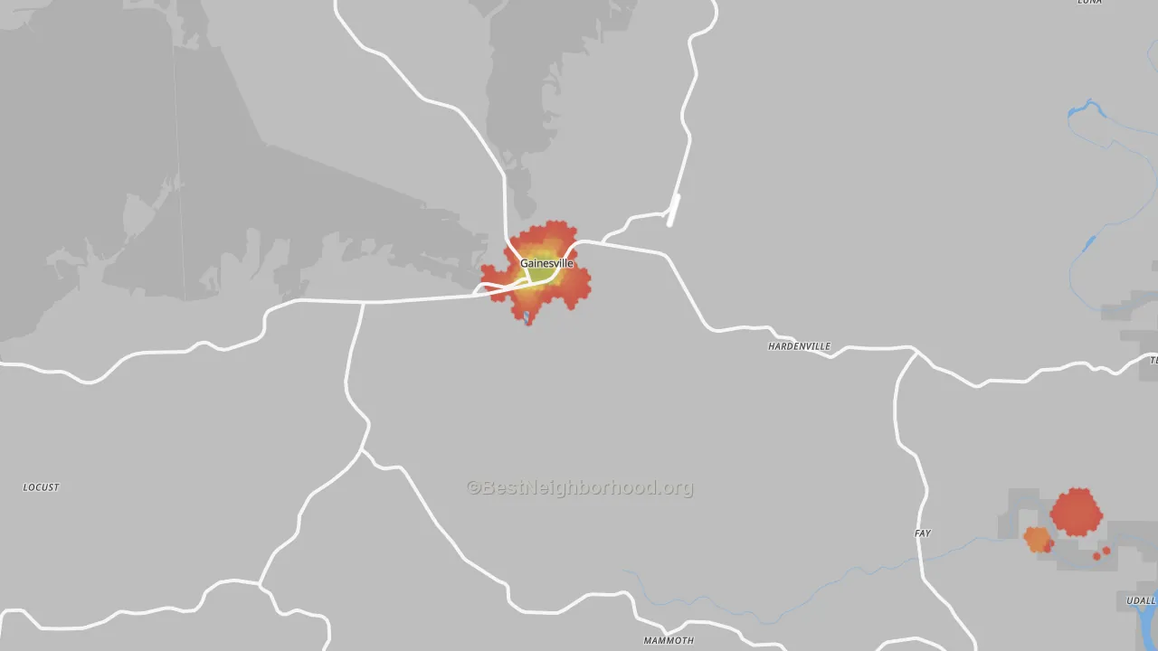 Walk Grade map of 65655, MO, walkable areas in green and car-dependent areas in red