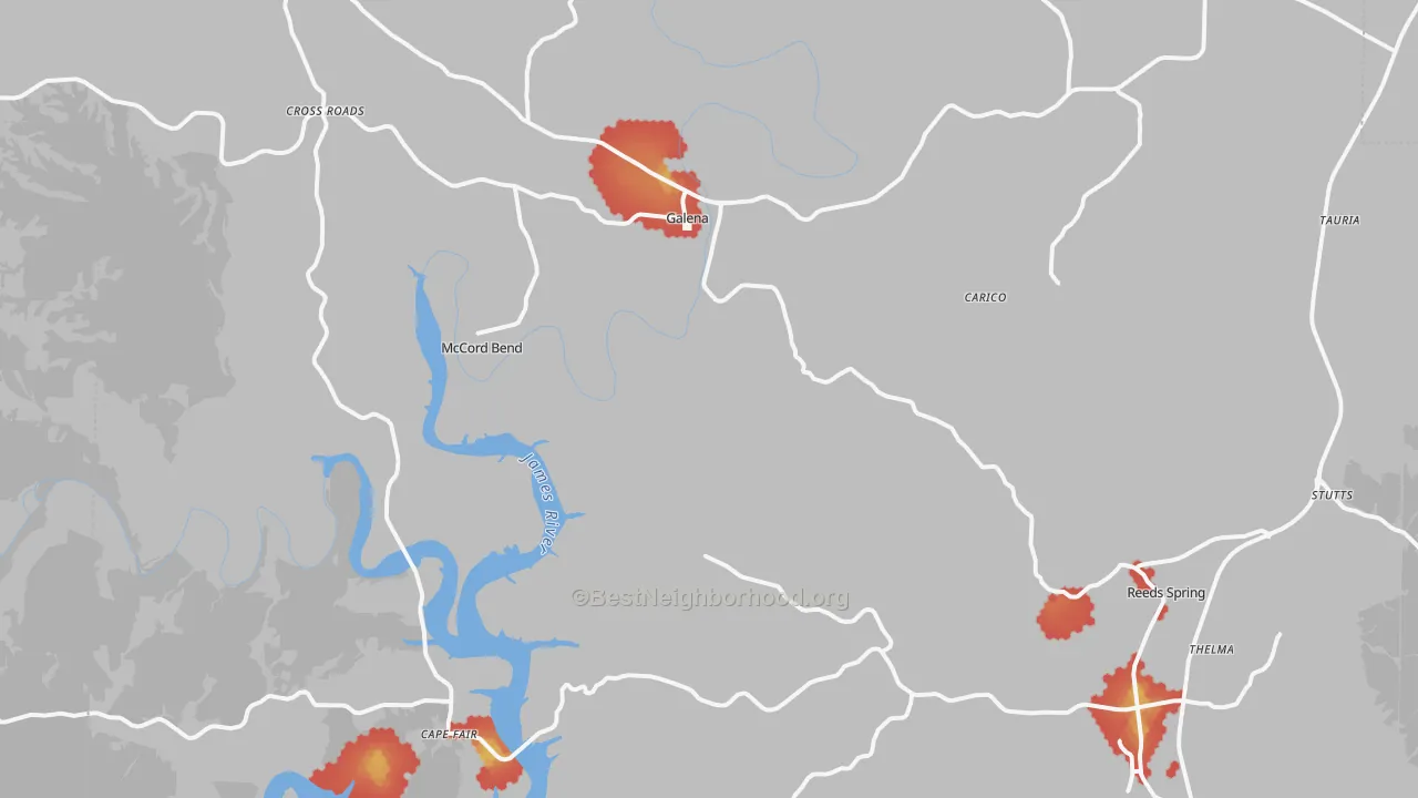 Walk Grade map of 65656, MO, walkable areas in green and car-dependent areas in red