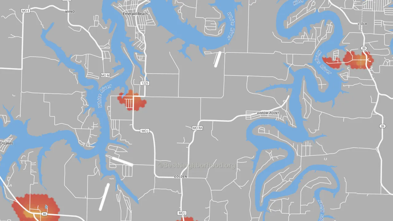 Walk Grade map of 65658, MO, walkable areas in green and car-dependent areas in red