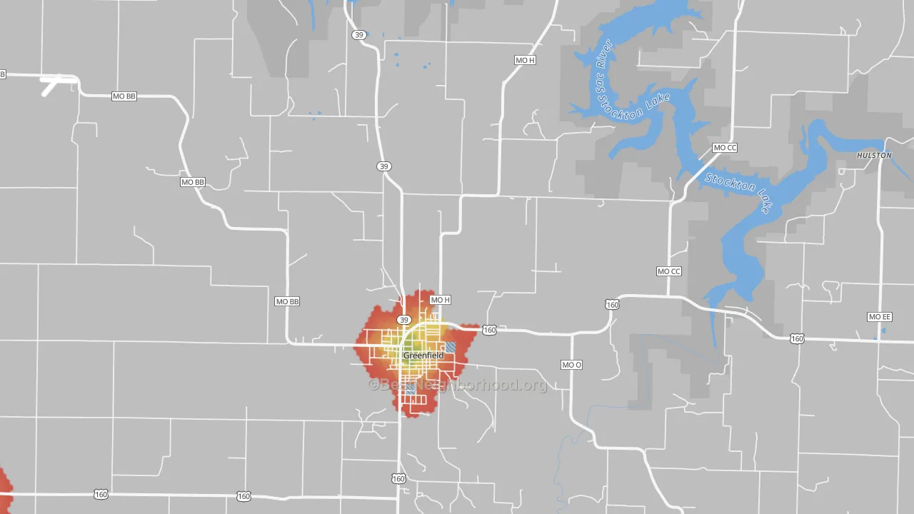 Walk Grade map of 65661, MO, walkable areas in green and car-dependent areas in red