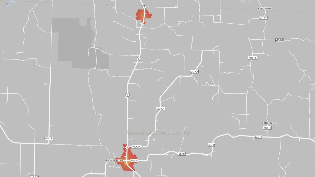 Walk Grade map of 65662, MO, walkable areas in green and car-dependent areas in red