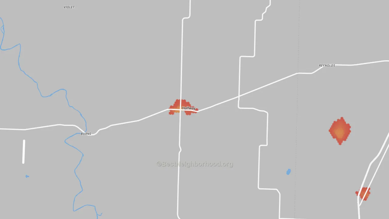 Walk Grade map of 65663, MO, walkable areas in green and car-dependent areas in red