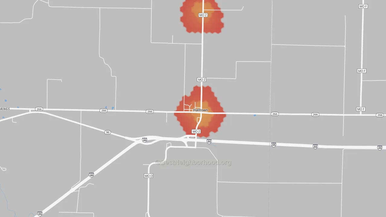 Walk Grade map of 65664, MO, walkable areas in green and car-dependent areas in red