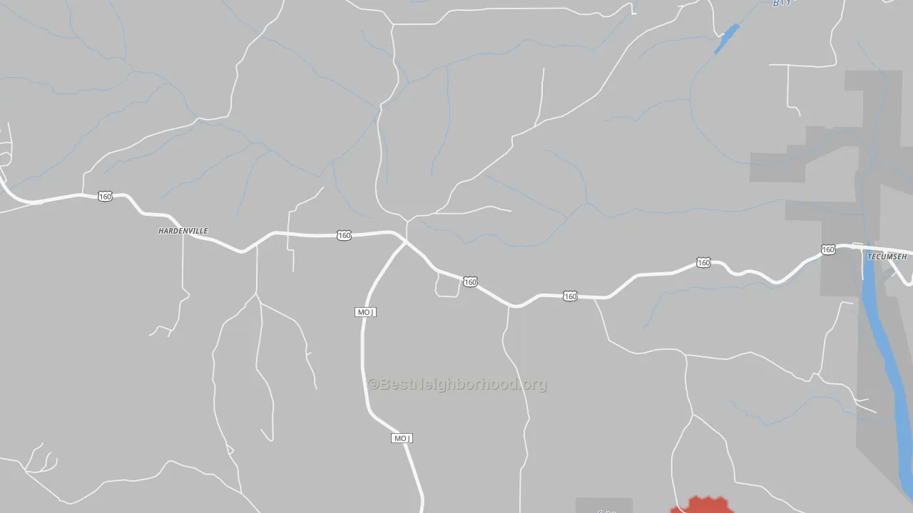 Walk Grade map of 65666, MO, walkable areas in green and car-dependent areas in red
