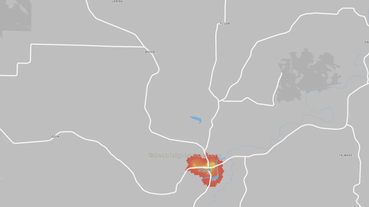 Walk Grade map of 65667, MO, walkable areas in green and car-dependent areas in red