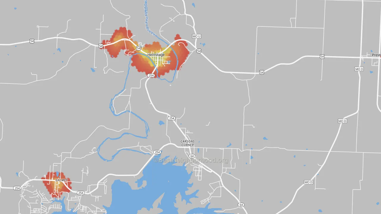 Walk Grade map of 65668, MO, walkable areas in green and car-dependent areas in red