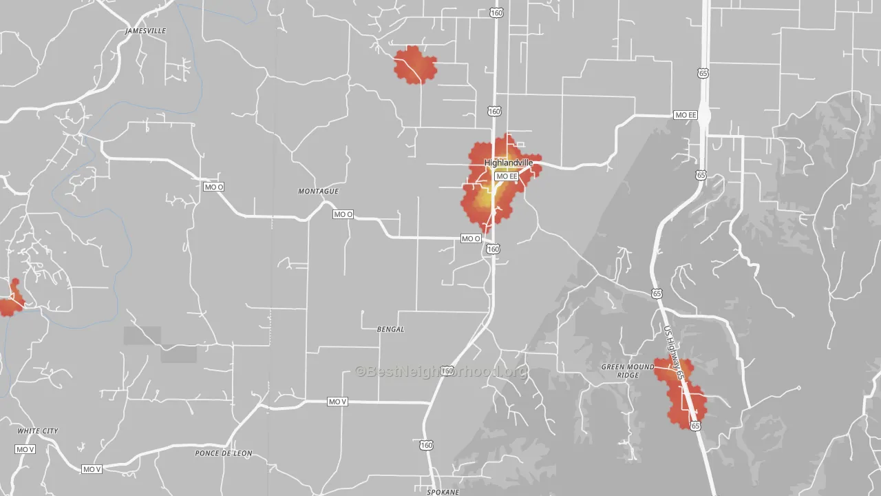 Walk Grade map of 65669, MO, walkable areas in green and car-dependent areas in red