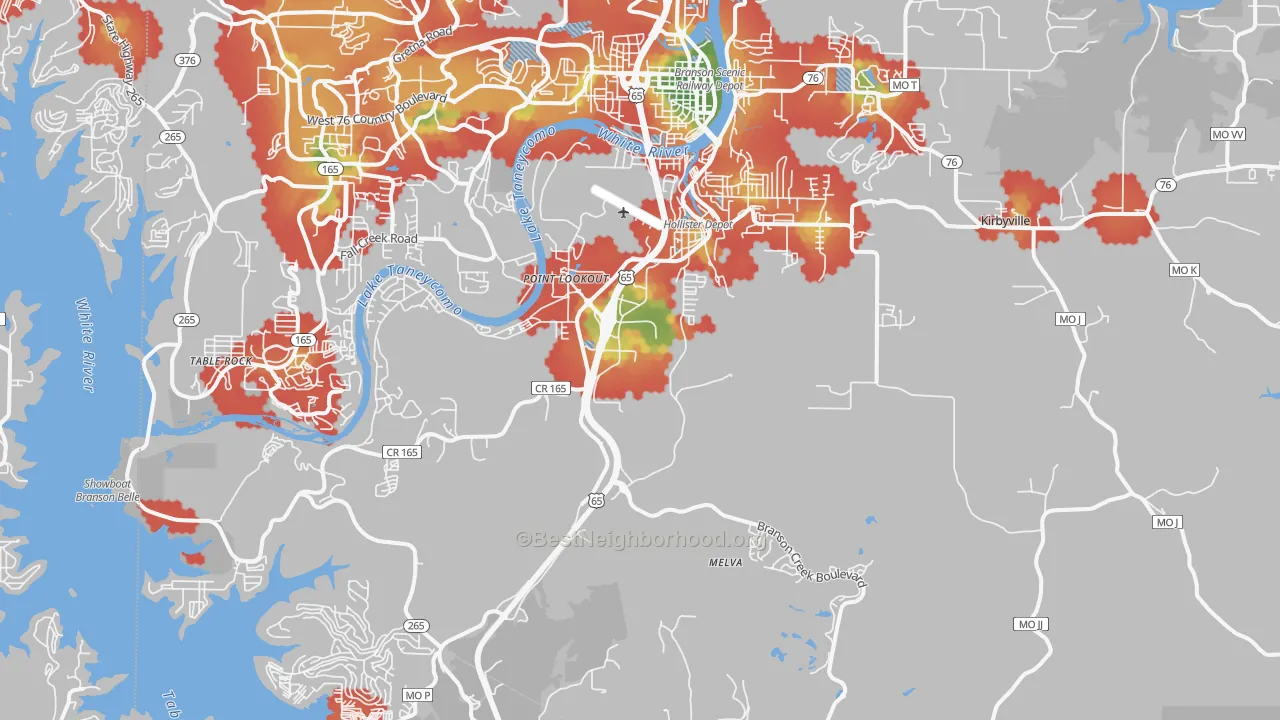 Walk Grade map of 65672, MO, walkable areas in green and car-dependent areas in red