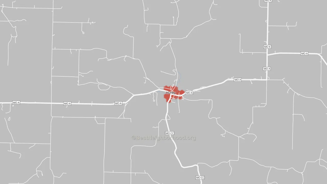 Walk Grade map of 65675, MO, walkable areas in green and car-dependent areas in red